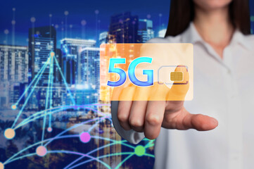 Woman demonstrating 5G SIM card model and cityscape with connection lines on background, closeup