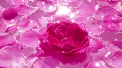 Pink rose with petals swimming in the water. Water drops falling on the rose. Slow motion. Bright sunny scene with sparkling reflection and lens flare. Beautiful nature texture. - Powered by Adobe