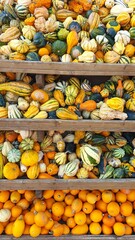 Frisch geerntete Kürbisse am Marktstand. 