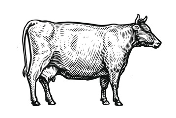 Hand drawn vector illustration of cow isolated on white background. Side view sketch - obrazy, fototapety, plakaty