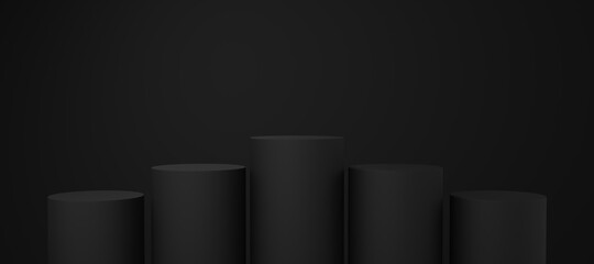 5 Empty black cylinder podium floating on black copy space background. Abstract minimal studio 3d geometric shape object. Monotone pedestal mockup space for display of product design. 3d rendering.
