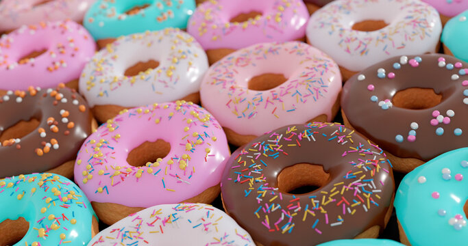 Picture of assorted donuts with chocolate frosted, pink glazed and sprinkles donuts