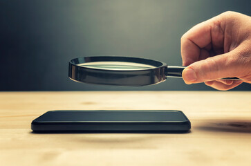 Closeup hand with magnifying glass over the smartphone