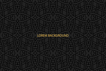 Geometric volumetric convex ethnic 3D pattern, cover design. Embossed trendy black background, arabesque. Oriental, Indonesian, Asian motives, texture with artistic ornaments.