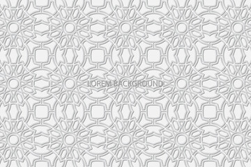 Geometric volumetric convex ethnic 3D pattern, cover design. Embossed trendy white background, arabesque. Oriental, Indonesian, Asian original motives, texture with ornaments.