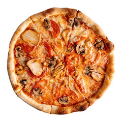 Isolated pizza with mushrooms tomato and chicken on white background