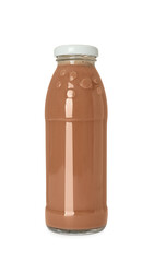 Delicious chocolate milk in glass bottle isolated on white