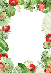Watercolor vegetables frame border with cabbage, cucumber, tomato. Hand painted vegetarian banner for eco food menu, greeting cards flyer, recipe. Farmers market. Veggie design. - 454568520
