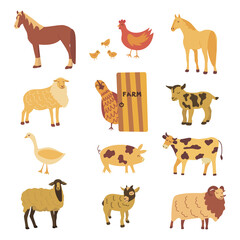 Farm animals set. Colorful vector isolated illustration hand drawn. Cow and pig, sheep and horse, chicken and goose. Livestock, cattle breeding