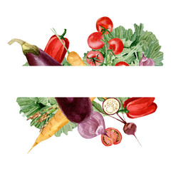 Watercolor vegetables frame border with carrots, eggplant, tomato, onion, cabbage. Hand painted vegetarian banner for eco food menu, greeting cards, recipe. Farmers market. Veggie design.