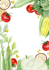 Watercolor vegetables frame border with corn, tomato, cabbage. Hand painted vegetarian banner for eco food menu, greeting cards flyer, recipe. Farmers market. Veggie design.