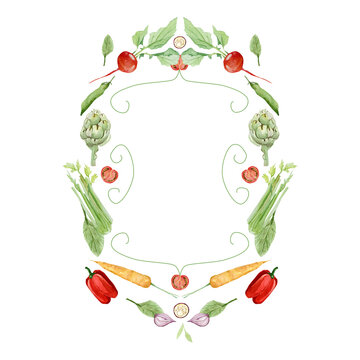 Watercolor vegetables frame border with bell pepper, onion, radish, carrot, tomato. Hand painted vegetarian banner for eco food menu, greeting cards, recipe. Farmers market. Veggie design.