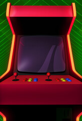 Arcade machine gaming, retro concept. Close up 3D render to the empty screen, in a retro game, vertical template - obrazy, fototapety, plakaty