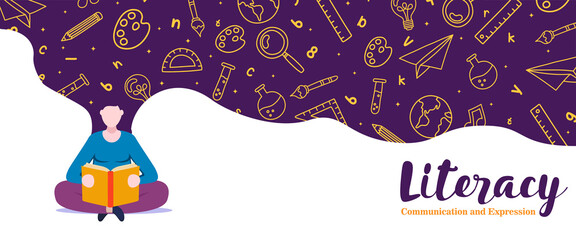 Literacy banner woman imagination reading book © Cienpies Design