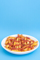 French Fries with Ketchup on A White Plate, Food or Meal Background, Nobody