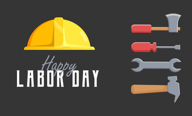 Happy Labor Day banner with work equipment. Design template. Vector illustration