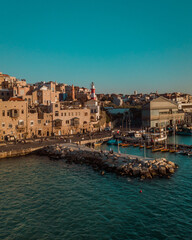 Fototapeta premium Jaffa Aerial view on a sunset. Tel Aviv, Israel