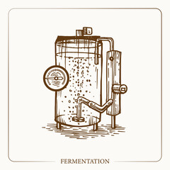 Fermentation tank. Equipment for the production of cider. Vintage sketch garden background. Hand drawn design. Vector illustration. 
