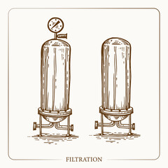 Metal container for Filtration infuse apples pressure and temperature sensor. Vintage sketch garden background. Hand drawn design. Vector illustration. 