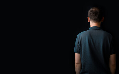 Dark background with a man. Free space for text or logo, copy space. Person on the black background. Only back visible. Modern template.