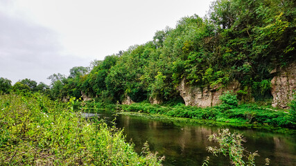 Limestone cliffs near pond at Creswell Crags. 