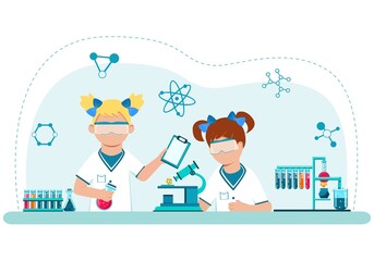 Children in the chemistry class conduct experiments. The concept of specialized education from adolescence. Scientific School of Chemistry. Vector. Cartoon style