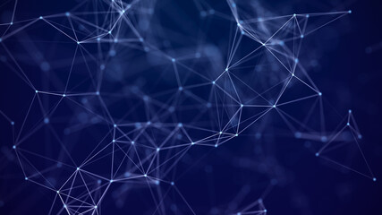 Abstract blue background with moving dots and lines. The structure of network connections. 3D rendering.