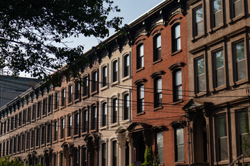 Long Row of Colorful Old Brownstone Homes in Jersey City New Jersey