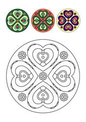 Mandala for kids with shapes of hearts. Vector illustration.