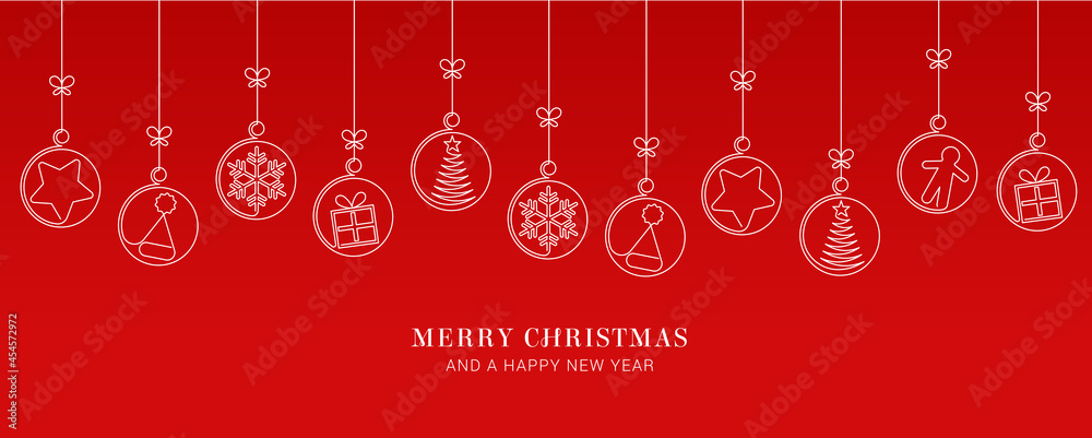 Wall mural red christmas card with tree balls decoration on red background