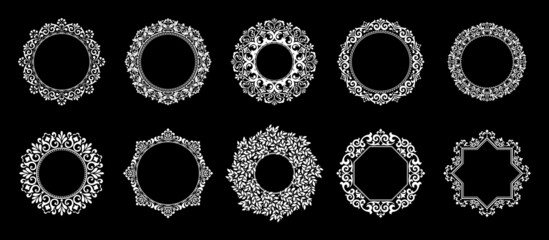 Set of decorative frames Elegant vector element for design in Eastern style, place for text. Floral black and white borders. Lace illustration for invitations and greeting cards.