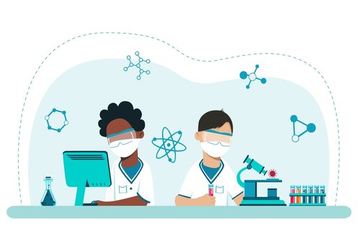 Students conduct chemical experiments. The concept of specialized education from adolescence. Completing the assignment online. Scientific School of Chemistry. Vector. Cartoon style