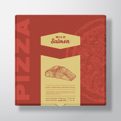 Pizza with Seafood Salmon Realistic Cardboard Box Mockup. Abstract Vector Packaging Design or Label. Modern Typography, Sketch Food and Color Paper Background Layout. Isolated