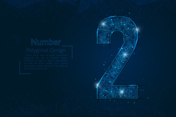 Abstract isolated blue image of a number two. Polygonal illustration looks like stars in the blask night sky in spase or flying glass shards. Digital design for website, web, internet. © Katsiaryna
