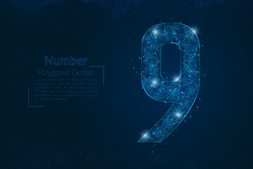Abstract isolated blue image of a number nine. Polygonal illustration looks like stars in the blask night sky in spase or flying glass shards. Digital design for website, web, internet. © Katsiaryna
