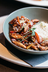 Close up of wok with rice and vegatables