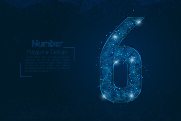 Abstract isolated blue image of a number six. Polygonal illustration looks like stars in the blask night sky in spase or flying glass shards. Digital design for website, web, internet. © Katsiaryna
