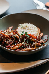 Close up of wok with rice and vegatables