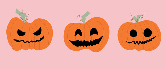 halloween pumpkin set, pumpkin smiling, angry pumpkin, drawing set of a pumpkin, three pumpkin, orange pumpkin with pink background