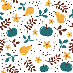 Seamles pattern apples, pears and autumn leaves. Autumn pattern