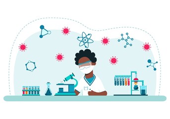 An African American man in a medical mask conducts chemical experiments. The concept of profile education from adolescence. Completing the assignment online. Scientific School of Chemistry. Vector.