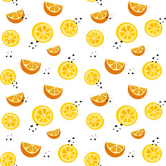 Seamless pattern with citrus orange, lemon and tangerine. Illustration fruits in cartoon style.