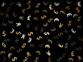 Euro dollar pound yen metallic signs flying currency vector background. Profit growth backdrop.