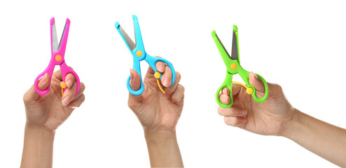 Collage with photos of women holding different scissors on white background, closeup. Banner design