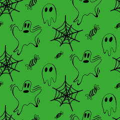 Vector halloween ghost, spider web, candies seamless pattern isolated on white background. Cute illustration for seasonal design, textile, decoration kids playroom or greeting card. Hand drawn doodle.
