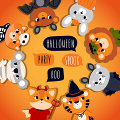 A card for Halloween with animals in a circle. Costume Party