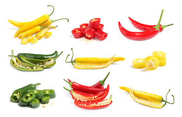 Set with different chili peppers on white background
