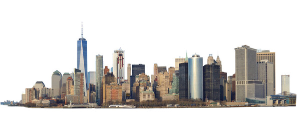 High resolution panoramic view of Lower Manhattan from the ferry - isolated on white. Clipping path included.