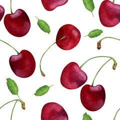 Watercolor hand painted cherry seamless pattern