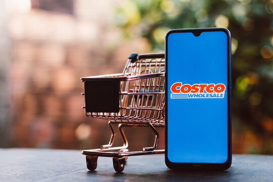 September 2, 2021, Brazil. In this photo illustration the Costco Wholesale Corporation logo displayed on a smartphone along with a shopping cart.